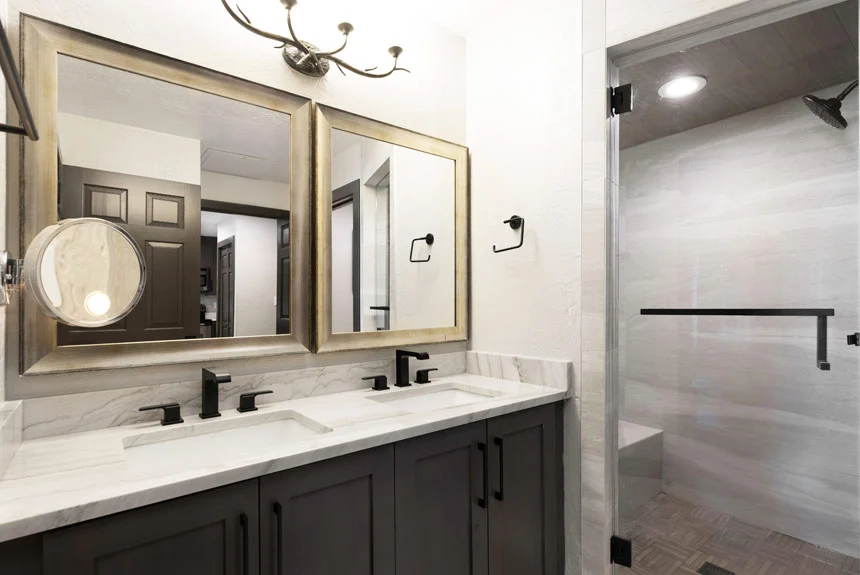 Bathroom of a Westgate Park City Resort & Spa one-bedroom grand villa with a double vanity and walk-in shower
