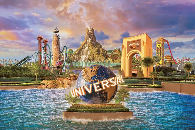 Universal globe surrounded by theme park landmarks including a lighthouse, a volcano, an arch and roller coasters