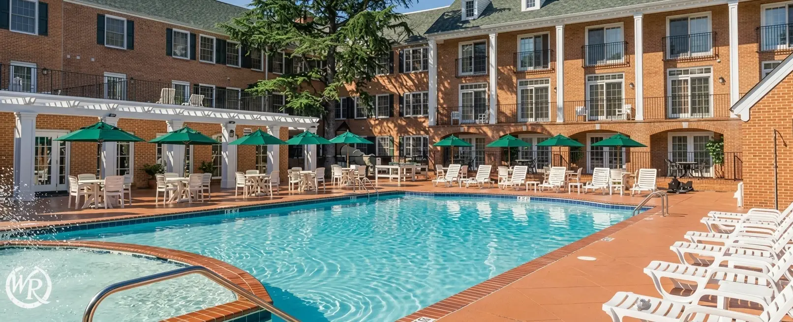 Pool and colonial-style brick building at Westgate Historic Williamsburg Resort, with a $159 Busch Gardens offer banner
