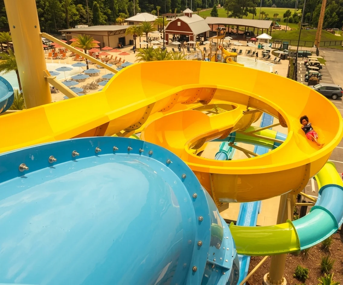 Child sliding down a curving yellow water slide above a pool area and red barn at Westgate River Ranch