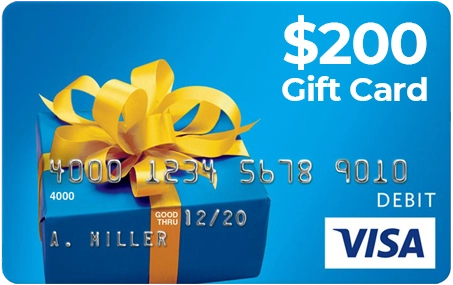 $200 Visa debit gift card tied with a gold ribbon