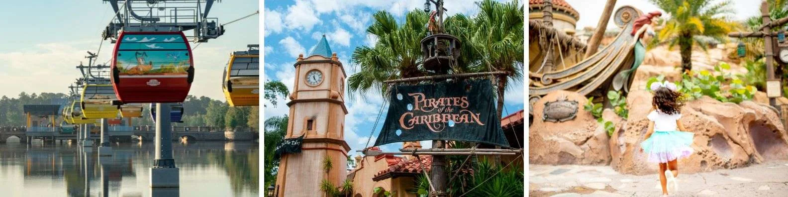 Three-photo collage of a gondola over water, a Pirates of the Caribbean sign and a toddler exploring at Disney World