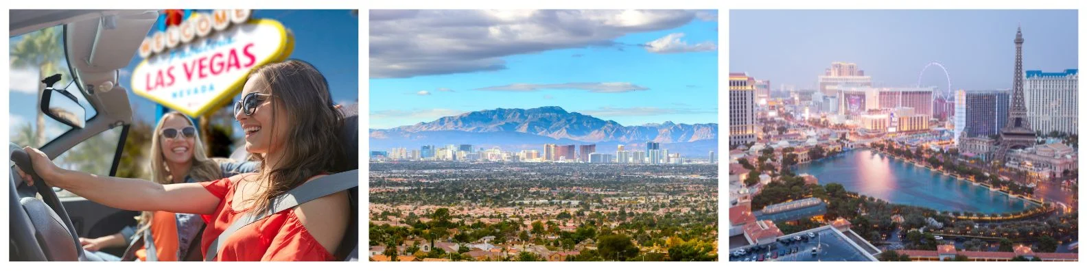 Three-photo collage of women in a convertible at the Las Vegas sign, the valley below mountains and the Strip