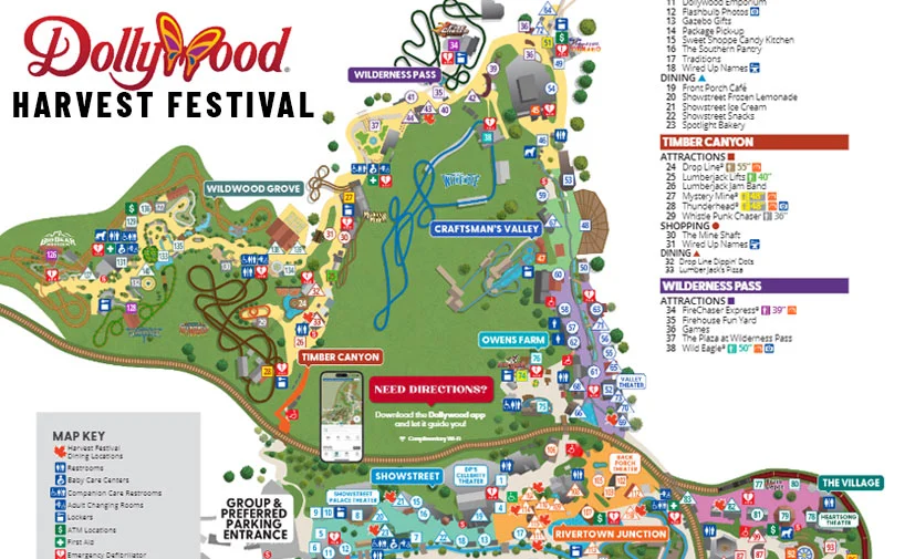 Dollywood Harvest Festival park map with a color-coded legend of attractions