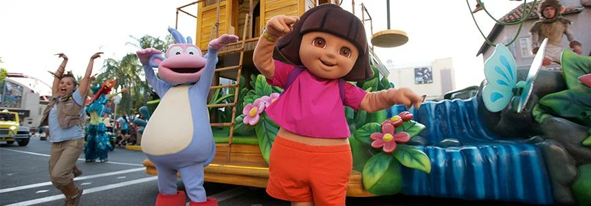 Dora and Boots on a parade float at Universal Studios Florida