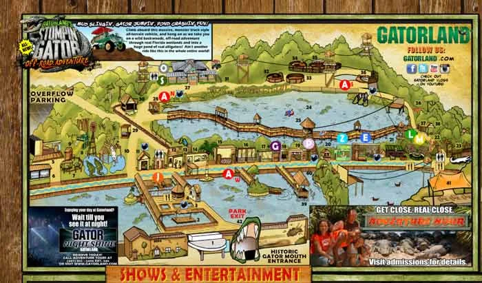 Illustrated Gatorland park map with a lake, boardwalks and a Shows & Entertainment guide