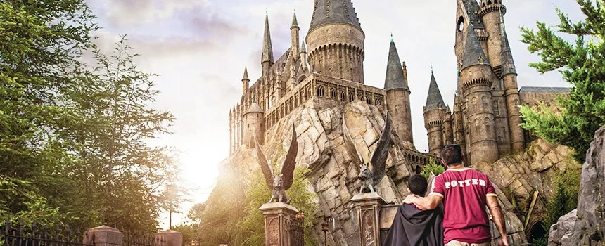 Visitors walking toward Hogwarts castle in The Wizarding World of Harry Potter at Universal Orlando