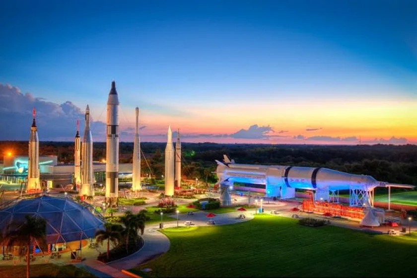 The Rocket Garden lit at dusk at the Kennedy Space Center Visitor Complex