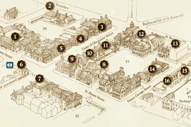 Illustrated map of Merchants Square in Williamsburg with its numbered shops and streets