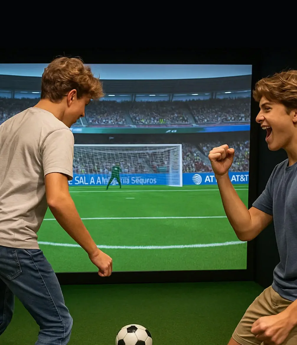 Two teens celebrating a goal in a virtual soccer simulator at the Mystery Funhouse