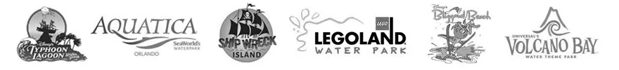 Logos of Typhoon Lagoon, Aquatica, Shipwreck Island, LEGOLAND Water Park, Blizzard Beach and Volcano Bay