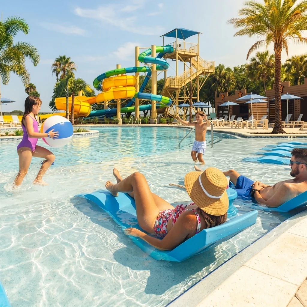 Woman in a sun hat relaxing on a pool float while children play with a beach ball near colourful water slides