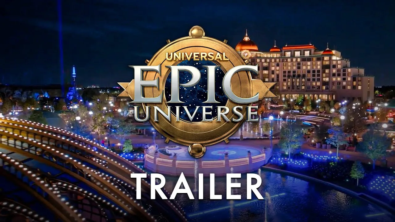 Universal Epic Universe logo over the lit park at night, the trailer video's opening frame