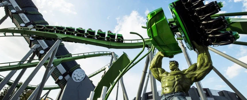 Green Incredible Hulk Coaster track and Hulk statue at Universal's Islands of Adventure