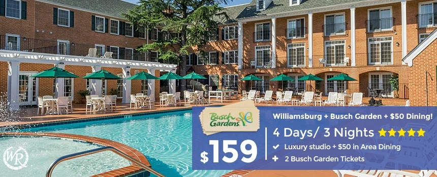 Pool and colonial-style brick building at Westgate Historic Williamsburg Resort, with a $159 Busch Gardens offer banner