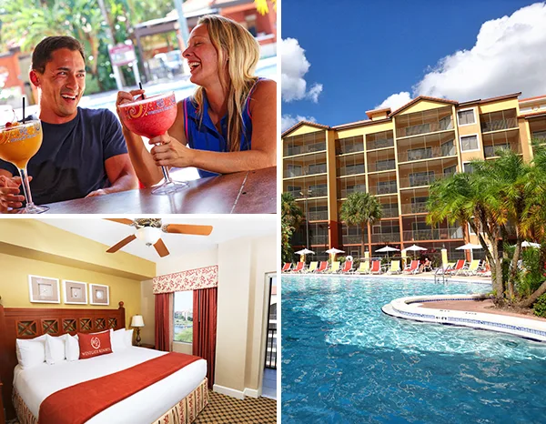 Westgate timeshare resort scenes: guests with cocktails, a villa bedroom and the poolside exterior