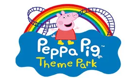 Peppa Pig Theme Park logo with a rainbow and a roller coaster